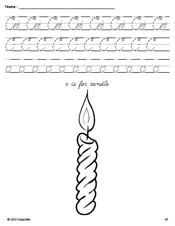 Free printable candle Christmas coloring page, cursive letter tracing worksheet, letter c worksheet for preschool, pre-k, and kindergarten