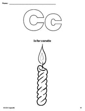 Free printable candle Christmas coloring page, letter c coloring page for preschool, pre-k, and kindergarten