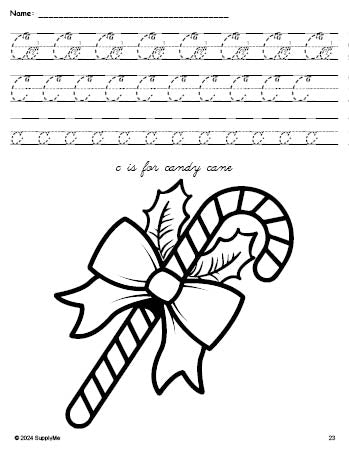 Free printable candy cane Christmas coloring page, cursive letter tracing worksheet, letter c worksheet for preschool, pre-k, and kindergarten