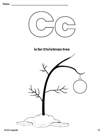 Free printable Christmas tree Christmas coloring page, letter c coloring page for preschool, pre-k, and kindergarten