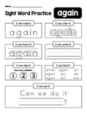 Free printable first grade sight word worksheet, beginner sight word for 1st graders and high frequency word 'again', practice sheet includes 6 sight word activities and 1 sight word sentence, second 100 fry sight words, Dolch, PDF