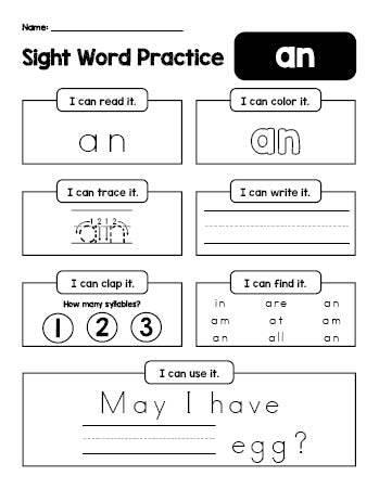 Free printable first grade sight word worksheet, beginner sight word for 1st graders and high frequency word 'an', practice sheet includes 6 sight word activities and 1 sight word sentence, first 100 fry sight words, Dolch, PDF