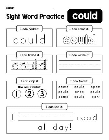 Free printable first grade sight word worksheet, beginner sight word for 1st graders and high frequency word 'could', practice sheet includes 6 sight word activities and 1 sight word sentence, first 100 fry sight words, Dolch, PDF