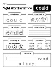 Free printable first grade sight word worksheet, beginner sight word for 1st graders and high frequency word 'could', practice sheet includes 6 sight word activities and 1 sight word sentence, first 100 fry sight words, Dolch, PDF