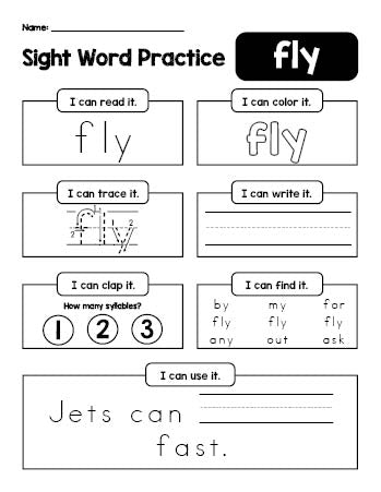 Free printable first grade sight word worksheet, beginner sight word for 1st graders and high frequency word 'fly', practice sheet includes 6 sight word activities and 1 sight word sentence, fifth 100 fry sight words, Dolch, PDF
