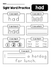 Free printable first grade sight word worksheet, beginner sight word for 1st graders and high frequency word 'had', practice sheet includes 6 sight word activities and 1 sight word sentence, first 100 fry sight words, Dolch, PDF