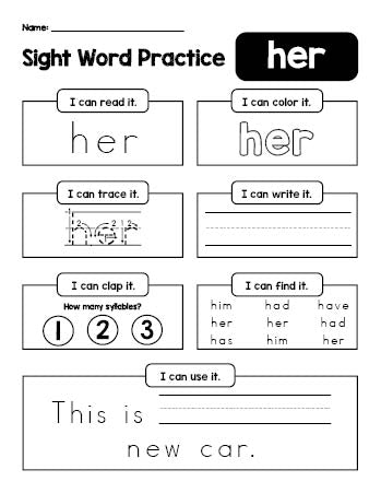 Free printable first grade sight word worksheet, beginner sight word for 1st graders and high frequency word 'her', practice sheet includes 6 sight word activities and 1 sight word sentence, first 100 fry sight words, Dolch, PDF