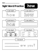 Free printable first grade sight word worksheet, beginner sight word for 1st graders and high frequency word 'how', practice sheet includes 6 sight word activities and 1 sight word sentence, first 100 fry sight words, Dolch, PDF