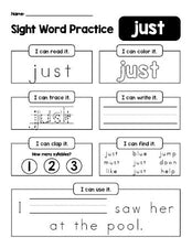 Free printable first grade sight word worksheet, beginner sight word for 1st graders and high frequency word 'just', practice sheet includes 6 sight word activities and 1 sight word sentence, second 100 fry sight words, Dolch, PDF