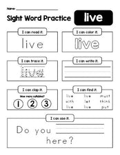 Free printable first grade sight word worksheet, beginner sight word for 1st graders and high frequency word 'live', practice sheet includes 6 sight word activities and 1 sight word sentence, second 100 fry sight words, Dolch, PDF