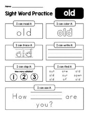 Free printable first grade sight word worksheet, beginner sight word for 1st graders and high frequency word 'old', practice sheet includes 6 sight word activities and 1 sight word sentence, second 100 fry sight words, Dolch, PDF