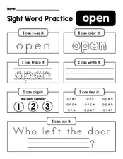 Free printable first grade sight word worksheet, beginner sight word for 1st graders and high frequency word 'open', practice sheet includes 6 sight word activities and 1 sight word sentence, third 100 fry sight words, Dolch, PDF