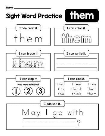 Free printable first grade sight word worksheet, beginner sight word for 1st graders and high frequency word 'them', practice sheet includes 6 sight word activities and 1 sight word sentence, first 100 fry sight words, Dolch, PDF