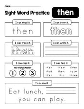 Free printable first grade sight word worksheet, beginner sight word for 1st graders and high frequency word 'then', practice sheet includes 6 sight word activities and 1 sight word sentence, first 100 fry sight words, Dolch, PDF