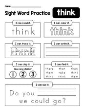 Free printable first grade sight word worksheet, beginner sight word for 1st graders and high frequency word 'think', practice sheet includes 6 sight word activities and 1 sight word sentence, second 100 fry sight words, Dolch, PDF
