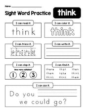 Free printable first grade sight word worksheet, beginner sight word for 1st graders and high frequency word 'think', practice sheet includes 6 sight word activities and 1 sight word sentence, second 100 fry sight words, Dolch, PDF