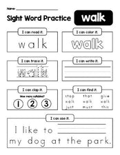Free printable first grade sight word worksheet, beginner sight word for 1st graders and high frequency word 'walk', practice sheet includes 6 sight word activities and 1 sight word sentence, third 100 fry sight words, Dolch, PDF