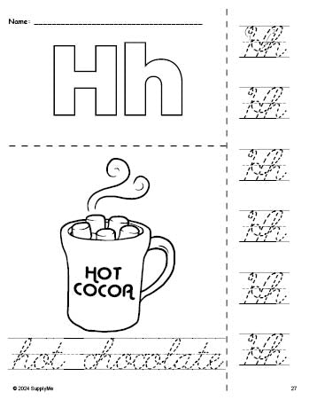 Free printable hot chocolate winter coloring page and cursive letter tracing worksheet, letter h worksheet for preschool, pre-k, and kindergarten