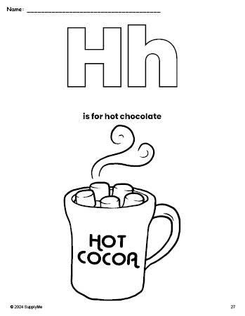 Free printable hot chocolate winter coloring page, letter h coloring page for preschool, pre-k, and kindergarten