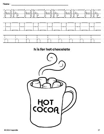 Free printable hot chocolate winter coloring page, letter h tracing worksheet for preschool, pre-k, and kindergarten