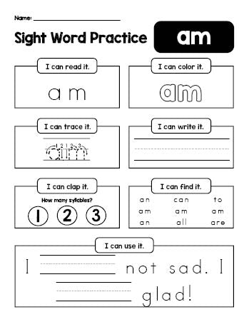 Free printable kindergarten sight word worksheet, beginner sight word for kindergarteners and high frequency word 'am', practice sheet includes 6 sight word activities and 1 sight word sentence, first 100 fry sight words, Dolch primer, PDF
