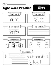 Free printable kindergarten sight word worksheet, beginner sight word for kindergarteners and high frequency word 'am', practice sheet includes 6 sight word activities and 1 sight word sentence, first 100 fry sight words, Dolch primer, PDF