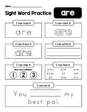Free printable kindergarten sight word worksheet, beginner sight word for kindergarteners and high frequency word 'are', practice sheet includes 6 sight word activities and 1 sight word sentence, first 100 fry sight words, Dolch primer, PDF