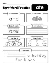 Free printable kindergarten sight word worksheet, beginner sight word for kindergarteners and high frequency word 'ate', practice sheet includes 6 sight word activities and 1 sight word sentence, Dolch primer, PDF