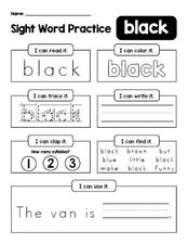 Free printable kindergarten sight word worksheet, beginner sight word for kindergarteners and high frequency word 'black', practice sheet includes 6 sight word activities and 1 sight word sentence, fourth 100 fry sight words, Dolch primer, PDF