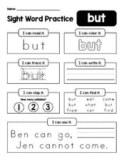 Free printable kindergarten sight word worksheet, beginner sight word for kindergarteners and high frequency word 'but', practice sheet includes 6 sight word activities and 1 sight word sentence, first 100 fry sight words, Dolch primer, PDF
