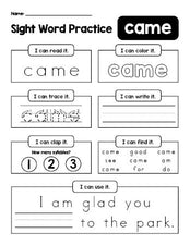 Free printable kindergarten sight word worksheet, beginner sight word for kindergarteners and high frequency word 'came', practice sheet includes 6 sight word activities and 1 sight word sentence, second 100 fry sight words, Dolch primer, PDF