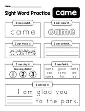 Free printable kindergarten sight word worksheet, beginner sight word for kindergarteners and high frequency word 'came', practice sheet includes 6 sight word activities and 1 sight word sentence, second 100 fry sight words, Dolch primer, PDF