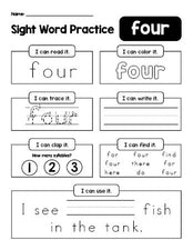 Free printable kindergarten sight word worksheet, beginner sight word for kindergarteners and high frequency word 'four', practice sheet includes 6 sight word activities and 1 sight word sentence, third 100 fry sight words, Dolch primer, PDF