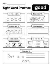 Free printable kindergarten sight word worksheet, beginner sight word for kindergarteners and high frequency word 'good', practice sheet includes 6 sight word activities and 1 sight word sentence, second 100 fry sight words, Dolch primer, PDF
