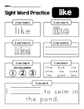 Free printable kindergarten sight word worksheet, beginner sight word for kindergarteners and high frequency word 'like', practice sheet includes 6 sight word activities and 1 sight word sentence, first 100 fry sight words, Dolch primer, PDF