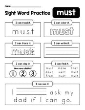 Free printable kindergarten sight word worksheet, beginner sight word for kindergarteners and high frequency word 'must', practice sheet includes 6 sight word activities and 1 sight word sentence, second 100 fry sight words, Dolch primer, PDF