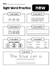 Free printable kindergarten sight word worksheet, beginner sight word for kindergarteners and high frequency word 'new', practice sheet includes 6 sight word activities and 1 sight word sentence, second 100 fry sight words, Dolch primer, PDF