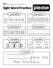 Free printable kindergarten sight word worksheet, beginner sight word for kindergarteners and high frequency word 'please', practice sheet includes 6 sight word activities and 1 sight word sentence, eighth 100 fry sight words, Dolch primer, PDF