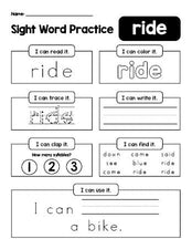 Free printable kindergarten sight word worksheet, beginner sight word for kindergarteners and high frequency word 'ride', practice sheet includes 6 sight word activities and 1 sight word sentence, seventh 100 fry sight words, Dolch primer, PDF