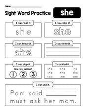 Free printable kindergarten sight word worksheet, beginner sight word for kindergarteners and high frequency word 'she', practice sheet includes 6 sight word activities and 1 sight word sentence, first 100 fry sight words, Dolch primer, PDF