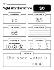 Free printable kindergarten sight word worksheet, beginner sight word for kindergarteners and high frequency word 'so', practice sheet includes 6 sight word activities and 1 sight word sentence, first 100 fry sight words, Dolch primer, PDF