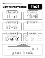 Free printable kindergarten sight word worksheet, beginner sight word for kindergarteners and high frequency word 'that', practice sheet includes 6 sight word activities and 1 sight word sentence, first 100 fry sight words, Dolch primer, PDF