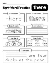 Free printable kindergarten sight word worksheet, beginner sight word for kindergarteners and high frequency word 'there', practice sheet includes 6 sight word activities and 1 sight word sentence, first 100 fry sight words, Dolch primer, PDF