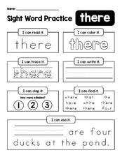 Free printable kindergarten sight word worksheet, beginner sight word for kindergarteners and high frequency word 'there', practice sheet includes 6 sight word activities and 1 sight word sentence, first 100 fry sight words, Dolch primer, PDF
