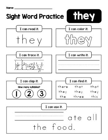 Free printable kindergarten sight word worksheet, beginner sight word for kindergarteners and high frequency word 'they', practice sheet includes 6 sight word activities and 1 sight word sentence, first 100 fry sight words, Dolch primer, PDF