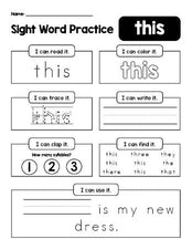 Free printable kindergarten sight word worksheet, beginner sight word for kindergarteners and high frequency word 'this', practice sheet includes 6 sight word activities and 1 sight word sentence, first 100 fry sight words, Dolch primer, PDF