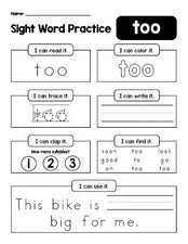 Free printable kindergarten sight word worksheet, beginner sight word for kindergarteners and high frequency word 'too', practice sheet includes 6 sight word activities and 1 sight word sentence, second 100 fry sight words, Dolch primer, PDF