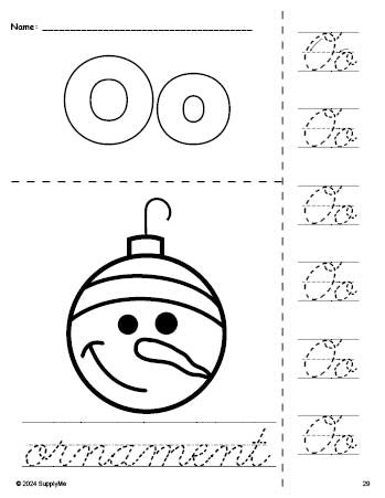 Free printable ornament Christmas coloring page and cursive letter tracing worksheet, letter o worksheet for preschool, pre-k, and kindergarten
