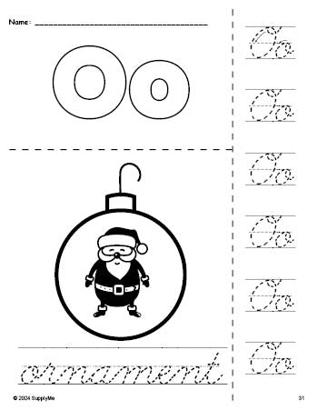 Free printable ornament Christmas coloring page and cursive letter tracing worksheet, letter o worksheet for preschool, pre-k, and kindergarten
