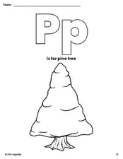 Free printable pine tree winter coloring page, letter p coloring page for preschool, pre-k, and kindergarten